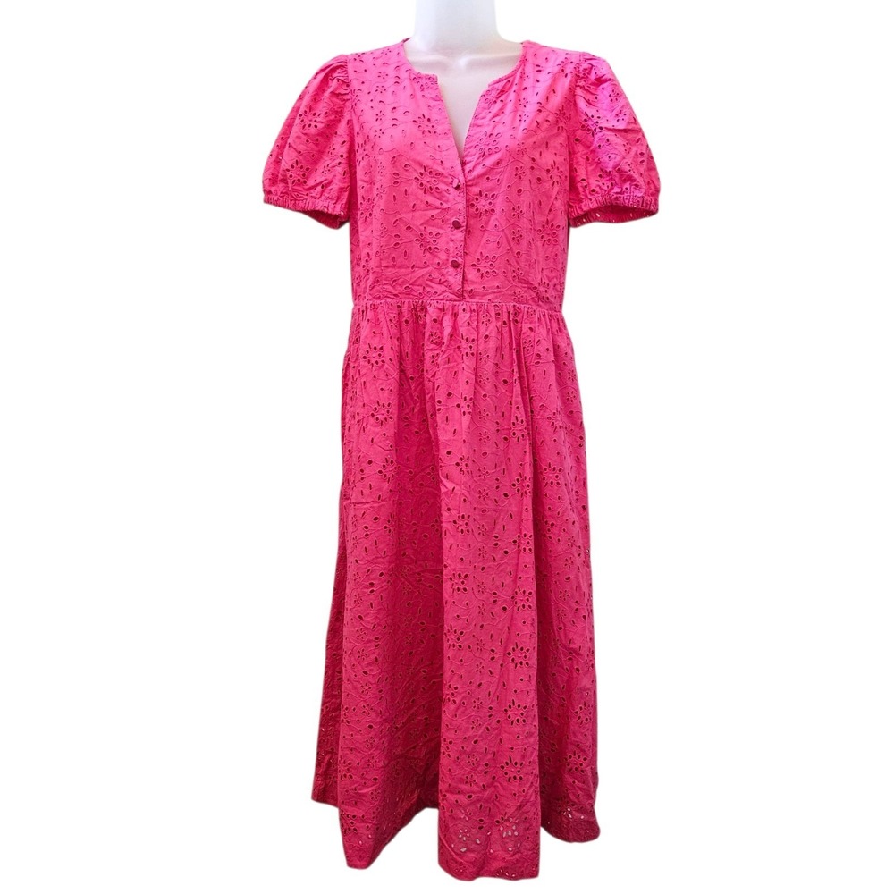 J.Crew Dress Womens sz 8 Hot Pink Eyelet Puff Sleeves Lined Midi Coastal Peasant